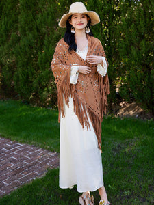 Bohemian Hollowed-out Tassel Scarf Shawl with A White V-neck Shell Boho Maxi Dress