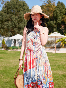 Bohemian Retro Print Strap Boho Maxi Dress with Hollow Crochet Fringe Vest