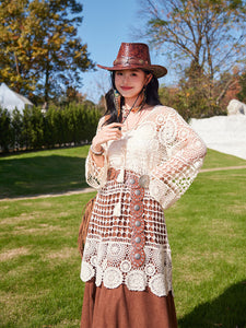 Hollow Crochet Tassel Top with Waistband Brown Corduroy Skirt Bohemian Suit