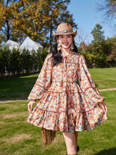 Load image into Gallery viewer, Bohemian Orange Printed Long-sleeved Mini Dress with Suede Embroidered Vest Boho Suit