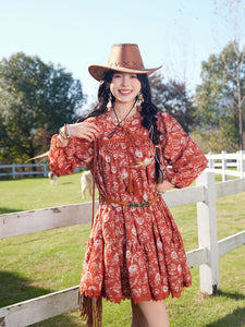 Bohemian Orange Printed Long-sleeved Mini Dress with Suede Embroidered Vest Boho Suit