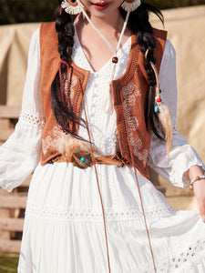 Bohemian White Long-sleeved Cotton Tassel Maxi Dress with Suede Embroidered Vest Boho Suit