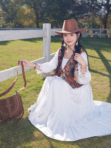 Bohemian White Long-sleeved Cotton Maxi Dress with Suede Embroidered Vest Boho Suit