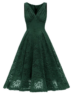 Solid Color Lace Sleeveless V Neck 50s Party Swing Dress