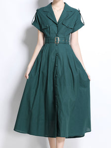 1940S Lapel Shirt Cotton Dress with Pockets