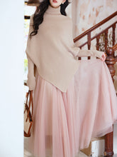 Load image into Gallery viewer, 2 Piece Retro Irregular Bat Sleeve Cape Sweater and Pink Mesh Skirt Set