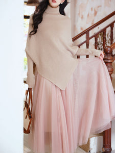 2 Piece Retro Irregular Bat Sleeve Cape Sweater and Pink Mesh Skirt Set