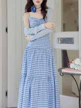 Load image into Gallery viewer, 3PS Blue Plaid Spaghetti Strap Dress With Blue Shawl Dress Suit