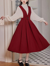 Load image into Gallery viewer, 2 Piece Red Angora Retro Suspender Dress with White Bow Shirt