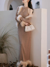Load image into Gallery viewer, 2PS Brown Cheongsam Sleeveless Knit Sweater Dress With Fur Long Sleeve Coat