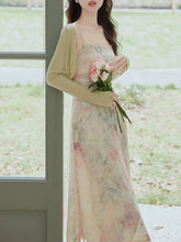 Load image into Gallery viewer, 2PS Light Pink Floral Print Spaghetti Strap Dress With Green Shawl Dress Suit