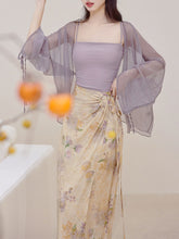 Load image into Gallery viewer, 3PS Purple Floral Tube Top and Slit Skirt 1950s Cardigan Suit