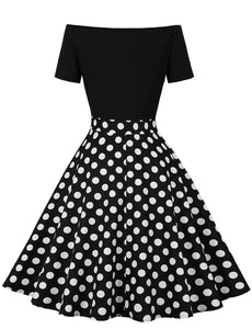 Off Shoulder Polka Dots 1950S Vintage Swing Dress With Button