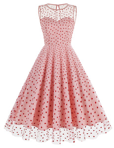 Pink Semi Mesh Sweet Heart Embroidered Sleeveless 50S Swing Dress