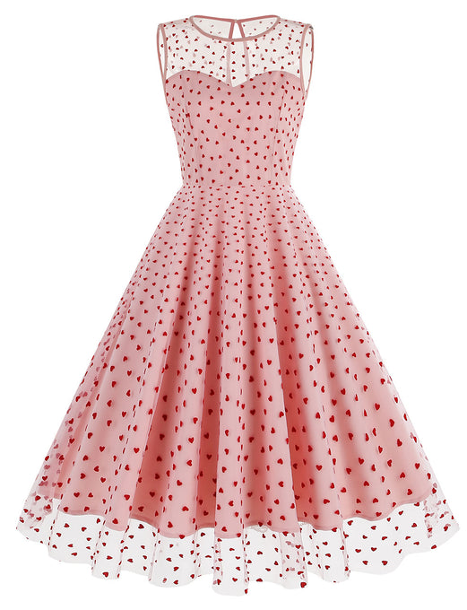 Pink Semi Mesh Sweet Heart Embroidered Sleeveless 50S Swing Dress