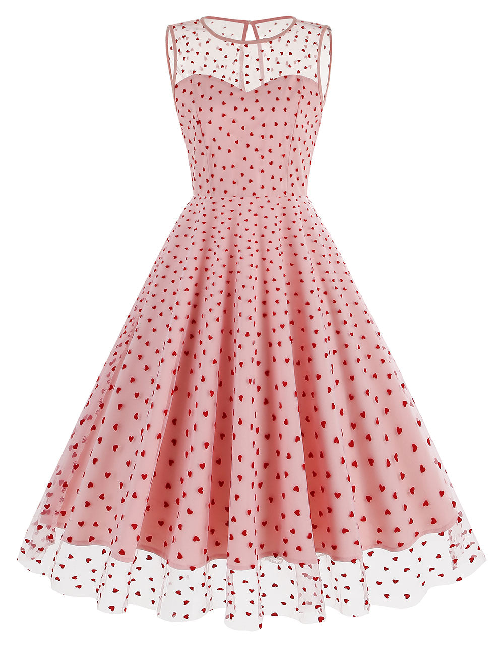 Pink Semi Mesh Sweet Heart Embroidered Sleeveless 50S Swing Dress