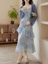 Load image into Gallery viewer, 2PS Blue Floral Print Spaghetti Strap Dress With Blue Shawl Dress Suit