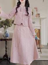 Load image into Gallery viewer, 2PS Pink Long Sleeve Warm Coat With Pink Split Skirt Vintage Suit