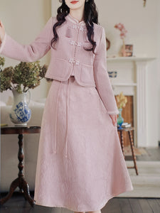 2PS Pink Long Sleeve Warm Coat With Pink Split Skirt Vintage Suit