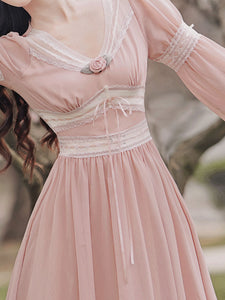 Pink Rose Girl Retro Lace V-neck Chiffon Long Lantern Sleeve Dress