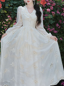 White V Neck Long Sleeved Embroidered Hollow Cotton Dress