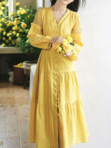 Yellow V-neck Boho Embroidered Bohemian Dress