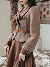 Load image into Gallery viewer, 2PS Brown Bow Tweed Coat With Swing Skirt 1950S Vintage Audrey Hepburn&#39;s Style Outfits