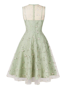 Green Leaves Embroidered 1950S Vintage Swing Dress