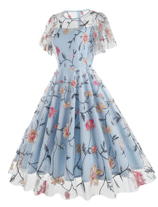 Lake Blue Semi Mesh Rose Embroidered Short Sleeve 50S Swing Dress
