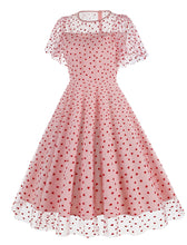 Load image into Gallery viewer, Pink Semi Mesh Sweet Heart Embroidered Short Sleeve 50S Swing Dress