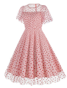 Pink Semi Mesh Sweet Heart Embroidered Short Sleeve 50S Swing Dress