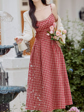 Load image into Gallery viewer, 2PS Red Plaid Spaghetti Strap Dress With White Shawl Dress Suit