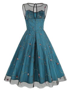 Lake Blue Semi Mesh Flower Embroidered Sleeveless 50S Swing Dress
