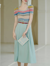 Load image into Gallery viewer, 2PS Green Round Collar Stripe Knitted Shirt And Swing Skirt Dress Set