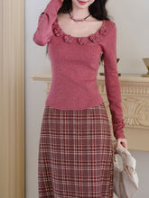 Load image into Gallery viewer, 2PS Pink Rose Sweater And Plaid Straight  Skirt 1950s Vintage Audrey Hepburn&#39;s Style Outfits