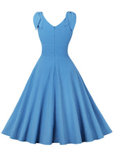 Load image into Gallery viewer, Blue Bow Sleeve V Neck 1950S Vintage Swing Dress