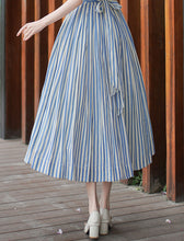 Load image into Gallery viewer, 1950S Classic Vintage Summer Blue Strip Sailor Shawl Collar Pleated Swing Dress