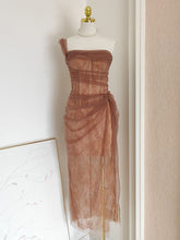 Load image into Gallery viewer, Herringbone Sequined Pleated Slit Lace Dress