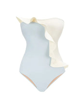 Load image into Gallery viewer, Blue Retro Style Ruffles One Piece With Bathing Suit Swing Skirt