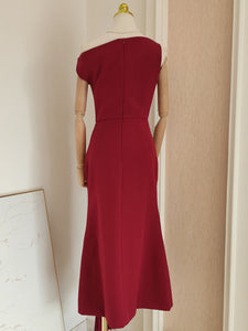 Burgundy Pleated Off-shoulder Maxi Dress