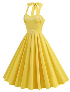 Yellow Polka Dots Lace Vintage Halter Backless 1950S Vintage Dress