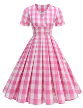 Load image into Gallery viewer, Black V Neck Plaid Audrey Hepburn Style Cocktail Swing Dress