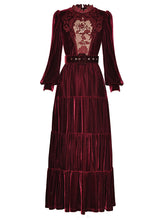 Load image into Gallery viewer, Burgundy Lace Ruffles Lantern Sleeves Edwardian Revival Velvet Dress