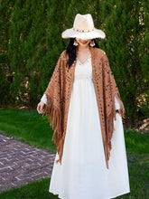 Load image into Gallery viewer, Bohemian Hollowed-out Tassel Scarf Shawl with A White V-neck Shell Boho Maxi Dress