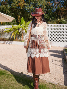 Hollow Crochet Tassel Top with Waistband Brown Corduroy Skirt Bohemian Suit