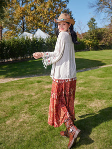 Bohemian Orange Strap Boho Maxi Dress with White Tassel Scarf Shawl