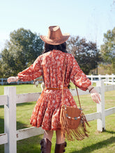 Load image into Gallery viewer, Bohemian Orange Printed Long-sleeved Mini Dress with Suede Embroidered Vest Boho Suit