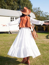 Load image into Gallery viewer, Bohemian White Long-sleeved Cotton Maxi Dress with Suede Embroidered Vest Boho Suit