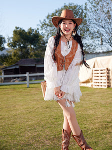 Bohemian White Long-sleeved Ruffles Mini Dress with Suede Embroidered Vest Boho Suit