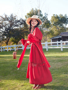 Red Bohemian V Neck Ruffled Lace High Waist Boho Maxi Dress